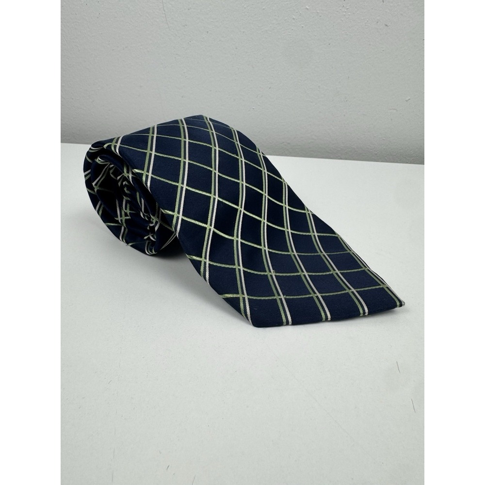 Vtg Y2K Pierre Cardin 100% Silk Tie Navy Green‎ Plaid Classic Necktie